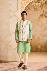 IVORY 3-D EMBROIDERED FLORAL WORK BUNDI WITH JADE KURTA CHURIDAR