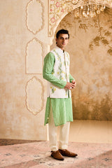 IVORY 3-D EMBROIDERED FLORAL WORK BUNDI WITH JADE KURTA CHURIDAR