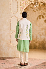 IVORY 3-D EMBROIDERED FLORAL WORK BUNDI WITH JADE KURTA CHURIDAR