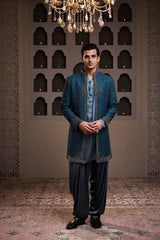 TEAL SHORT EMBROIDERED JACKET WITH KURTA AND PATIALA SALWAR