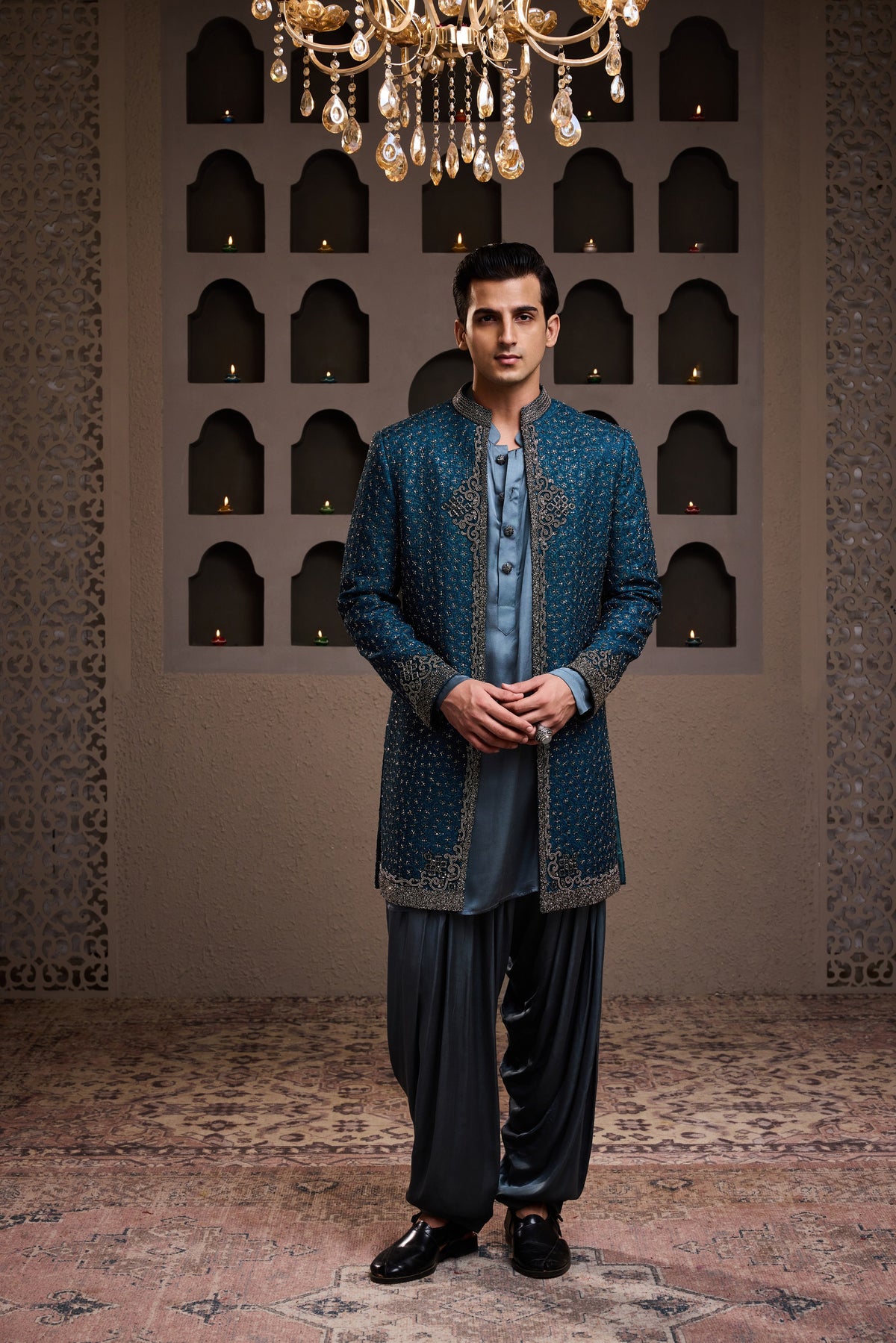 TEAL SHORT EMBROIDERED JACKET WITH KURTA AND PATIALA SALWAR