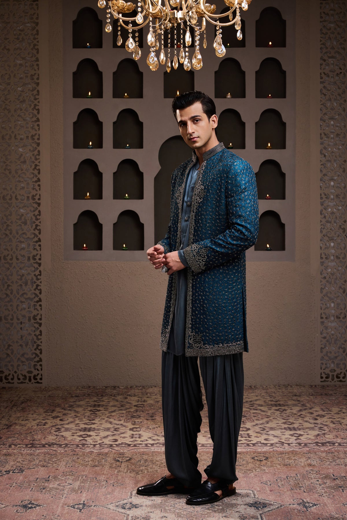 TEAL SHORT EMBROIDERED JACKET WITH KURTA AND PATIALA SALWAR