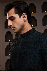 BOTTLE GREEN SHORT EMBROIDERED ACHKAN WITH KURTA AND PATIALA SALWAR
