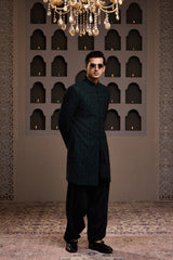 BOTTLE GREEN SHORT EMBROIDERED ACHKAN WITH KURTA AND PATIALA SALWAR