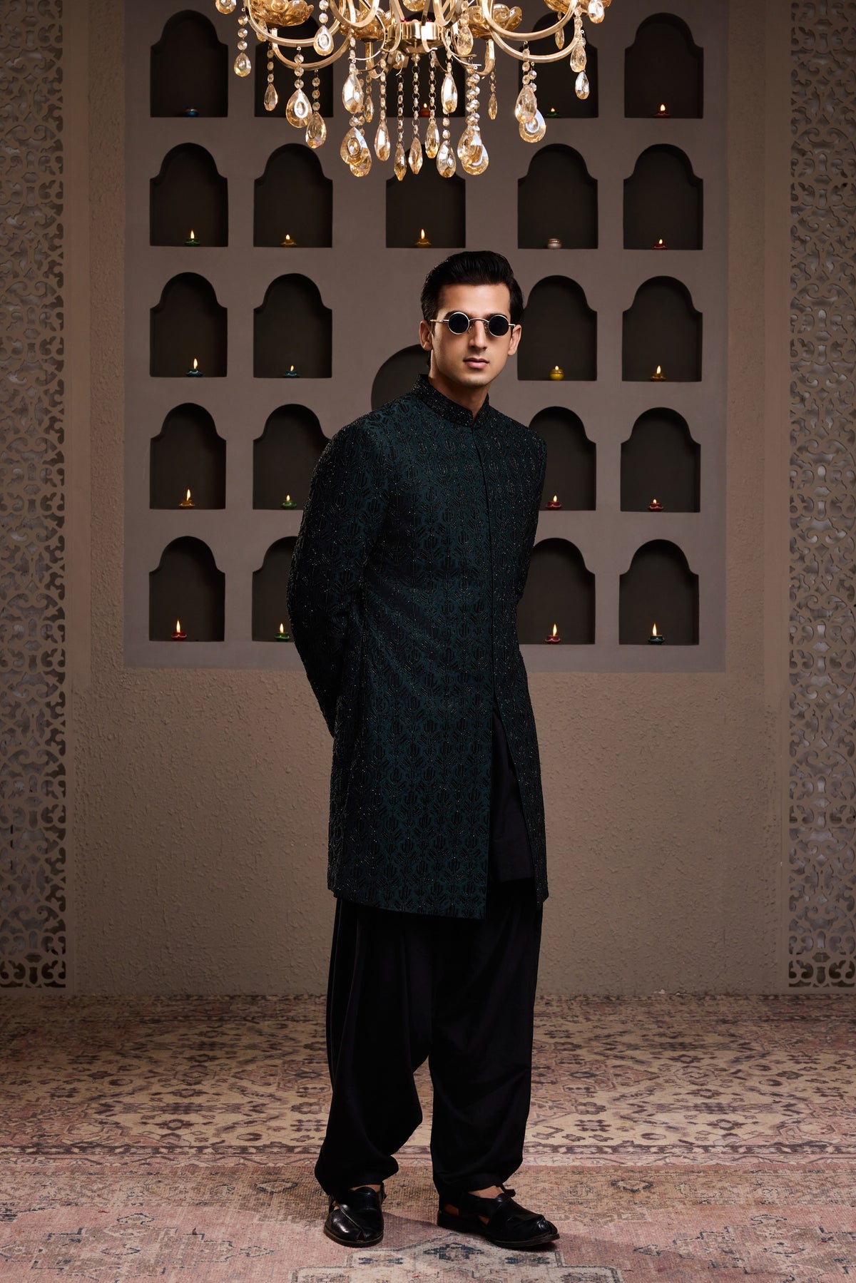 BOTTLE GREEN SHORT EMBROIDERED ACHKAN WITH KURTA AND PATIALA SALWAR