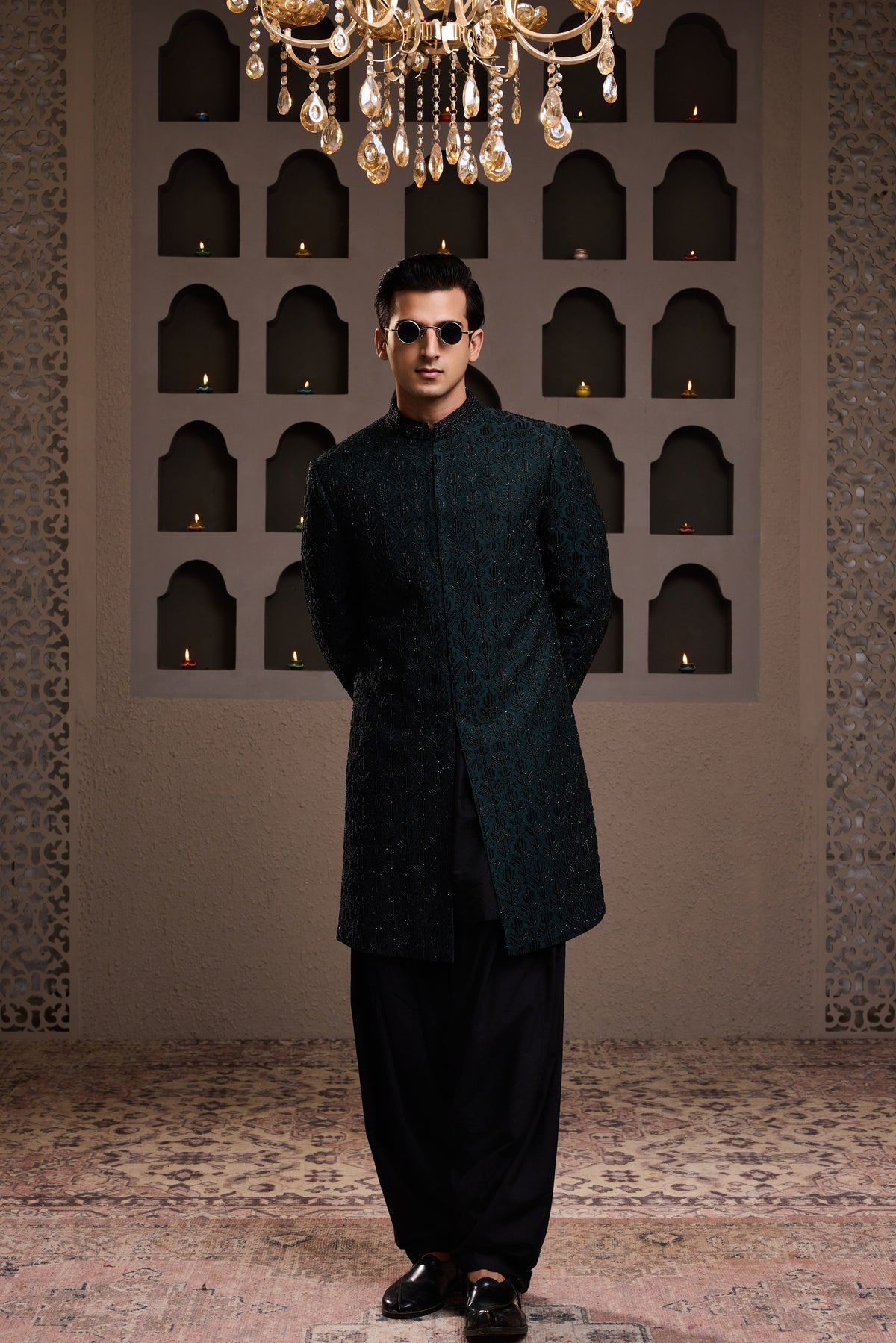 BOTTLE GREEN SHORT EMBROIDERED ACHKAN WITH KURTA AND PATIALA SALWAR
