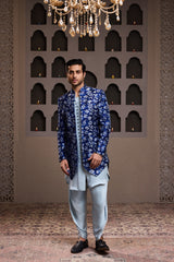 INDIGO PRINTED LONG JACKET WITH KURTA DHOTI