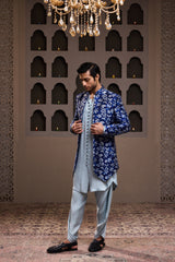 INDIGO PRINTED LONG JACKET WITH KURTA DHOTI