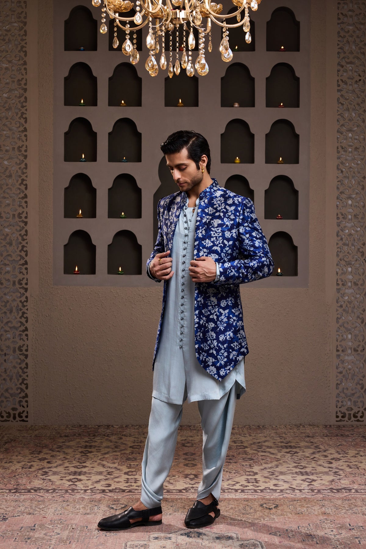 INDIGO PRINTED LONG JACKET WITH KURTA DHOTI
