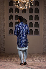 INDIGO PRINTED LONG JACKET WITH KURTA DHOTI