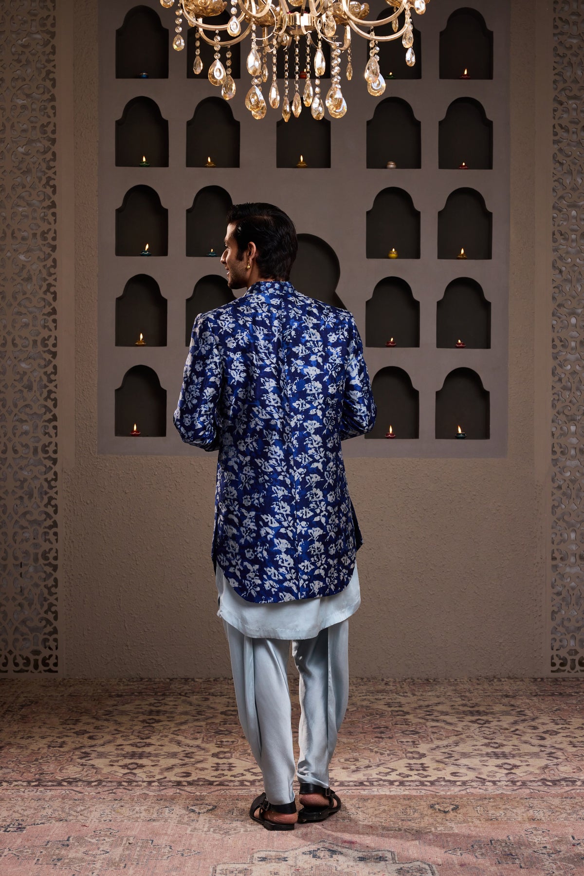INDIGO PRINTED LONG JACKET WITH KURTA DHOTI