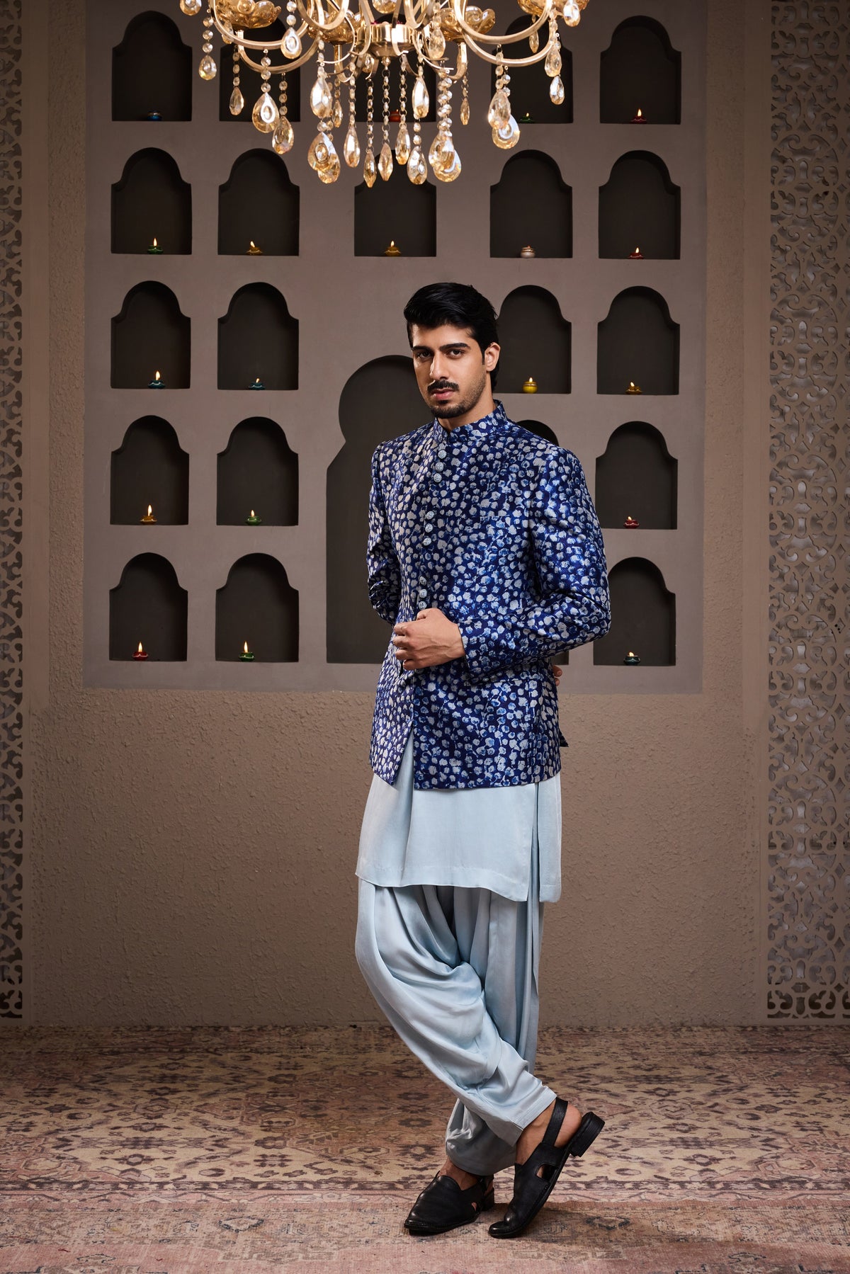 INDIGO PRINTED SHORT JACKET KURTA PATIALA SALWAR