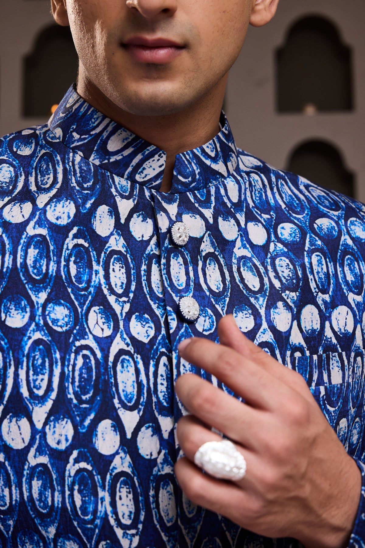 INDIGO PRINTED SHERWANI WITH KURTA SALWAR