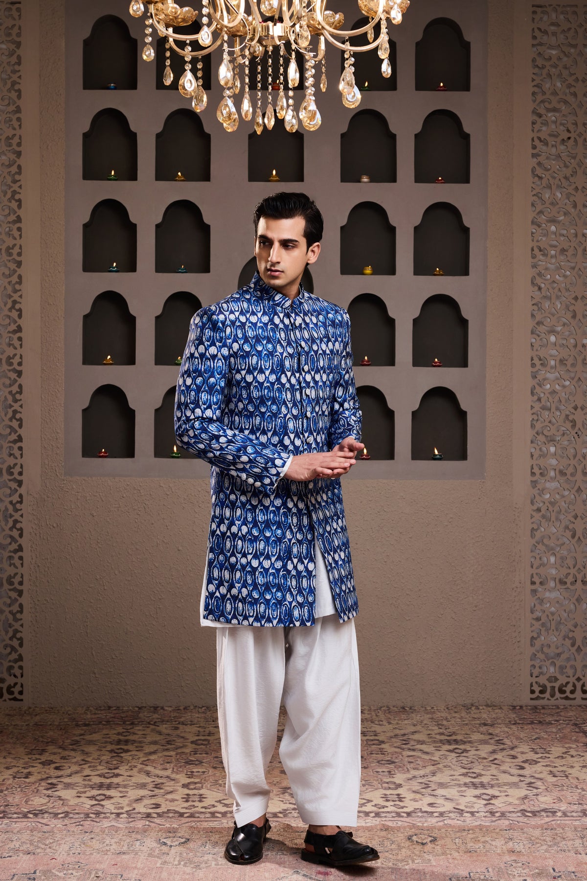 INDIGO PRINTED SHERWANI WITH KURTA SALWAR
