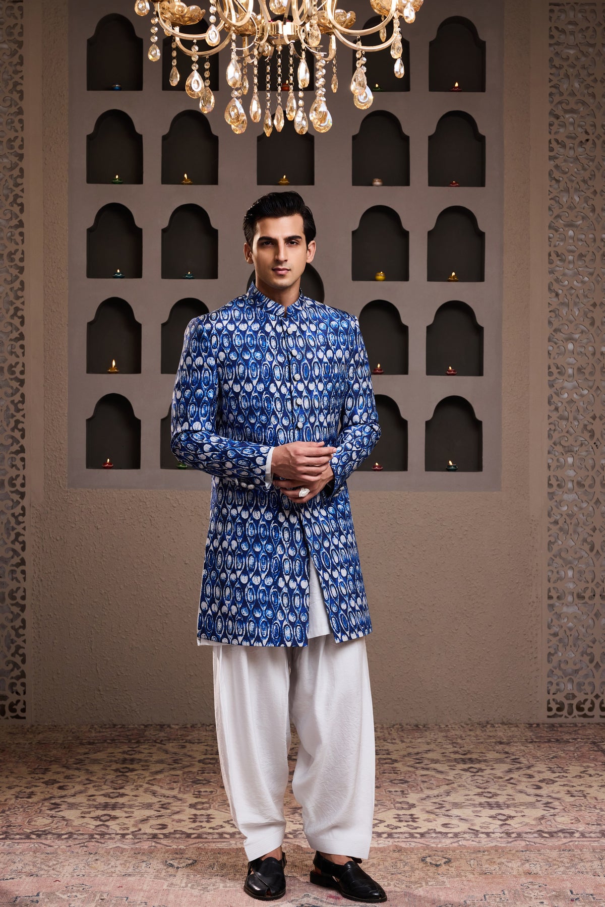 INDIGO PRINTED SHERWANI WITH KURTA SALWAR