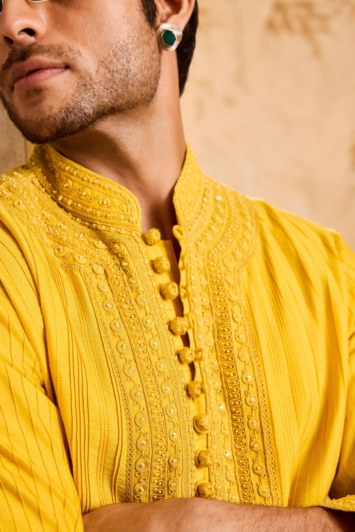 EMBROIDERED MUSTARD PINTUCKED KURTA WITH SALWAR
