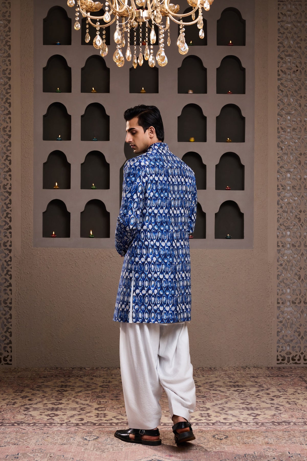 INDIGO PRINTED SHERWANI WITH KURTA SALWAR