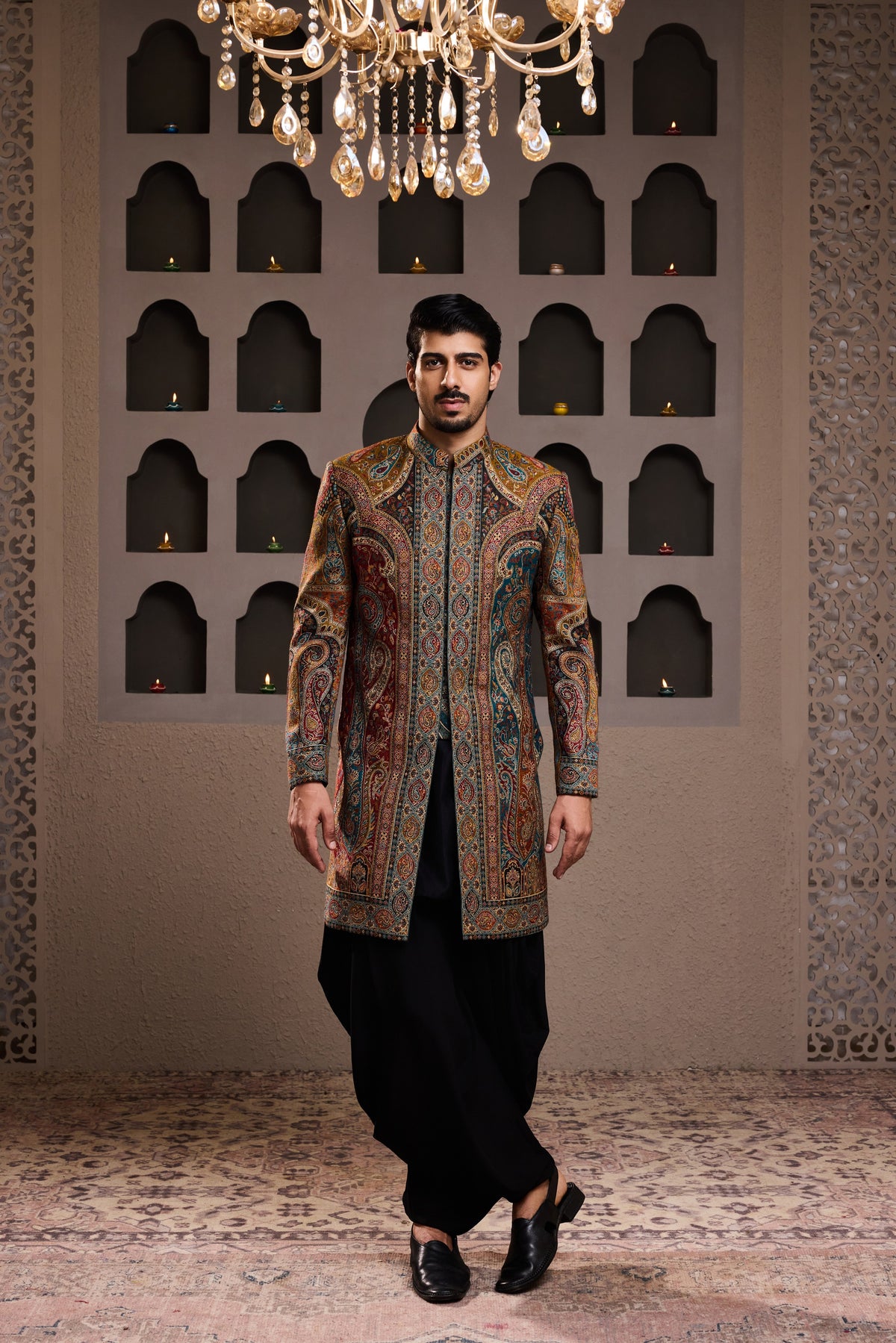 JAMAWAR PATTERNED SHORT ACHKAN PAIRED WITH A BLACK COTTON SILK KURTA AND SALWAR