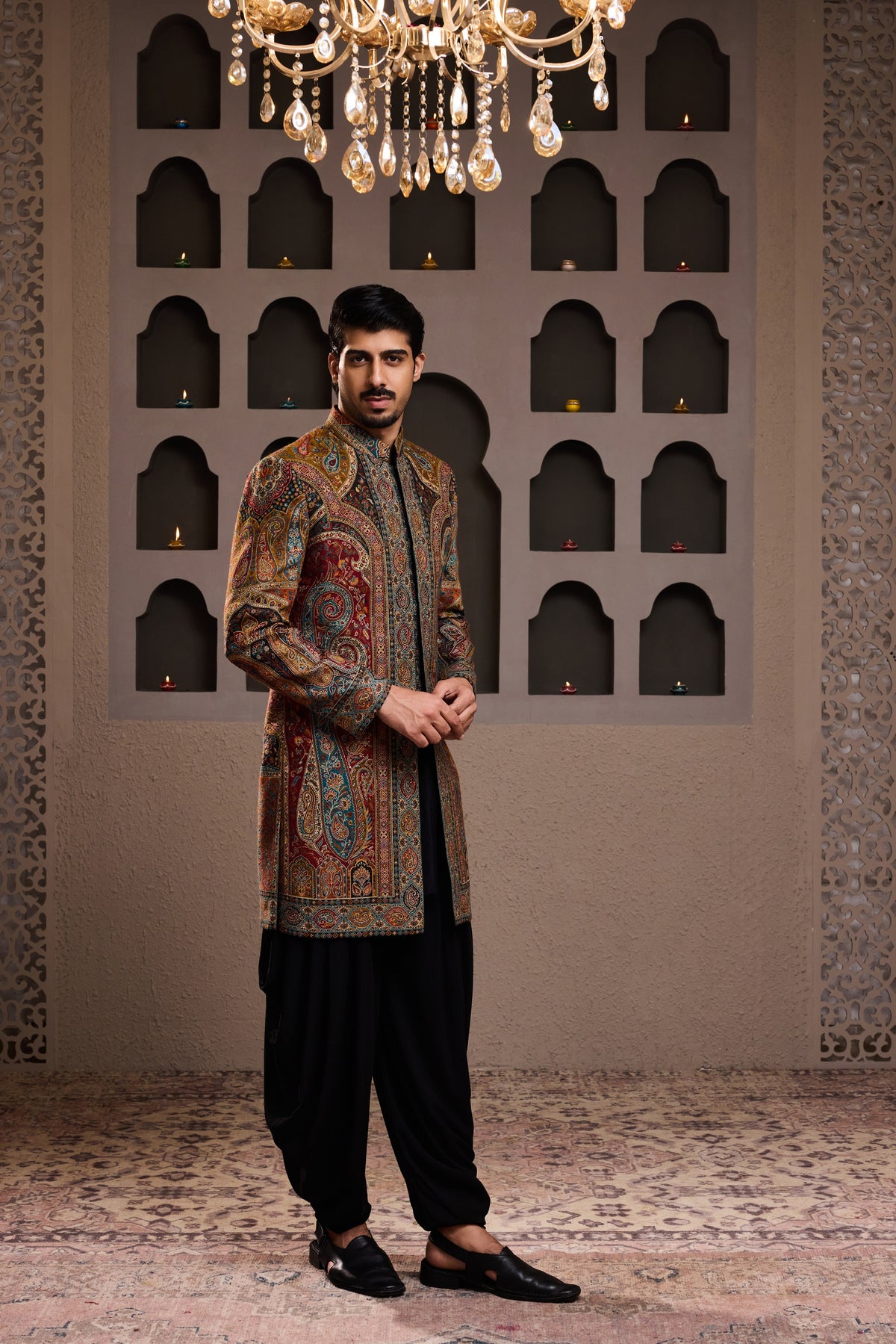 JAMAWAR PATTERNED SHORT ACHKAN PAIRED WITH A BLACK COTTON SILK KURTA AND SALWAR