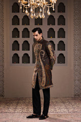 JAMAWAR PATTERNED SHORT ACHKAN PAIRED WITH A BLACK COTTON SILK KURTA AND PANT