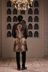 JAMAWAR PATTERNED SHORT ACHKAN PAIRED WITH A BLACK COTTON SILK KURTA AND PANT