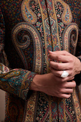 JAMAWAR PATTERNED SHORT ACHKAN PAIRED WITH A BLACK COTTON SILK KURTA AND PANT