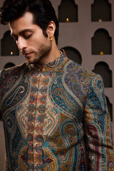 JAMAWAR PATTERNED SHORT ACHKAN PAIRED WITH A BEIGE COTTON SILK KURTA AND PANT