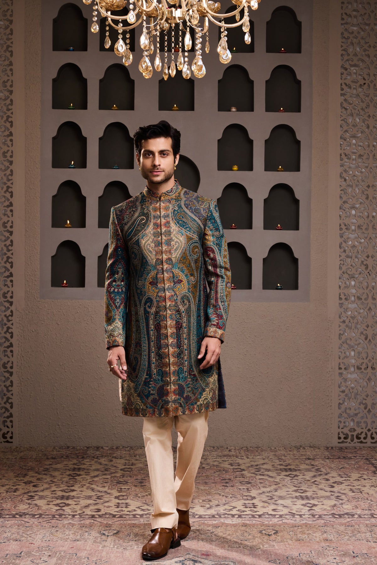 JAMAWAR PATTERNED SHORT ACHKAN PAIRED WITH A BEIGE COTTON SILK KURTA AND PANT