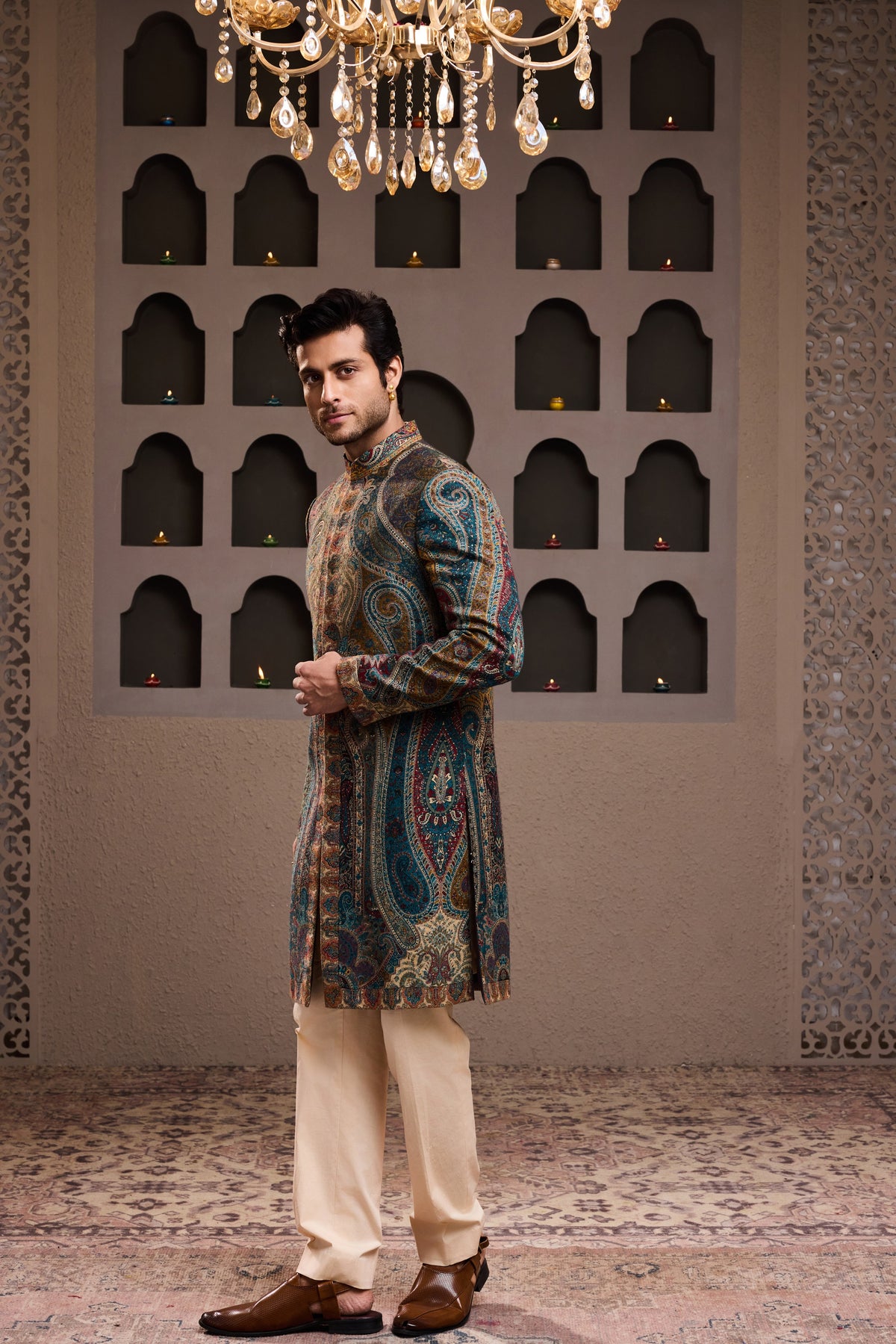 JAMAWAR PATTERNED SHORT ACHKAN PAIRED WITH A BEIGE COTTON SILK KURTA AND PANT