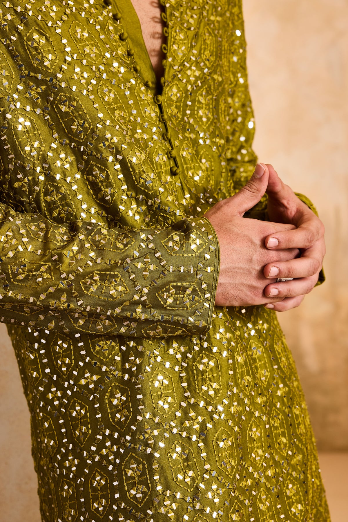 EMBROIDERED MEHENDI GREEN MIRRORWORK KURTA WITH SALWAR
