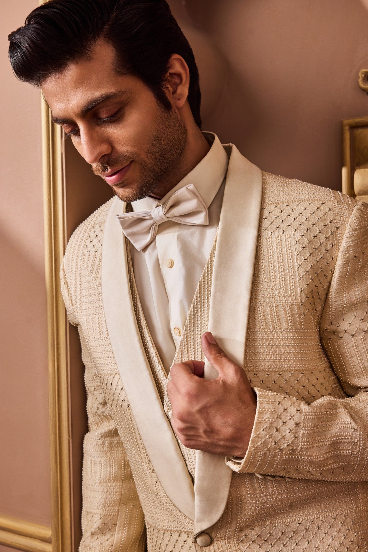 BEIGE EMBROIDERED TUXEDO WITH VEST AND PANT