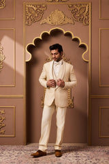 BEIGE EMBROIDERED TUXEDO WITH VEST AND PANT