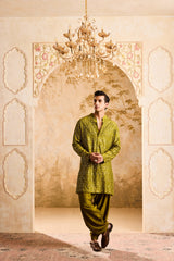 EMBROIDERED MEHENDI GREEN MIRRORWORK KURTA WITH SALWAR