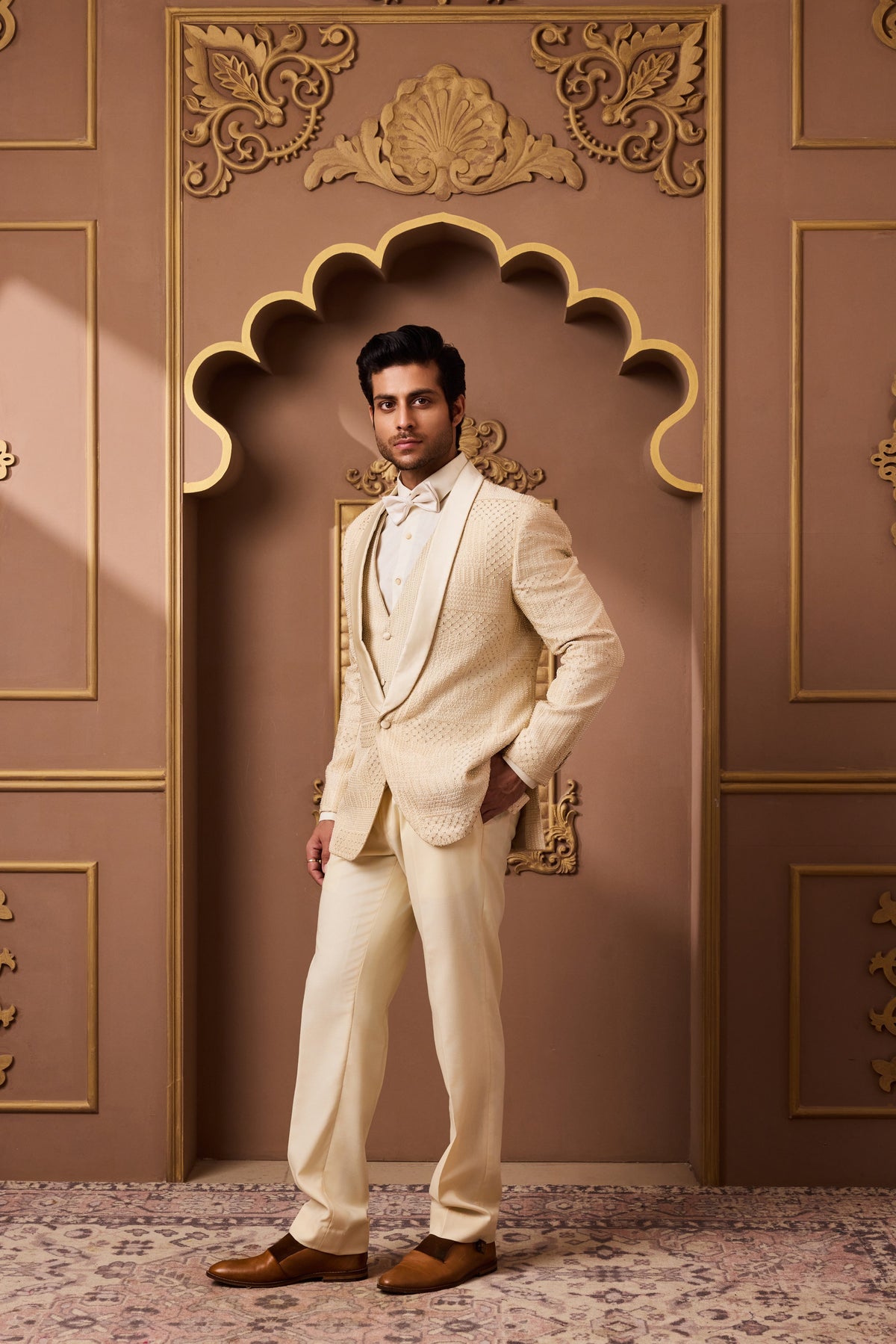 BEIGE EMBROIDERED TUXEDO WITH VEST AND PANT