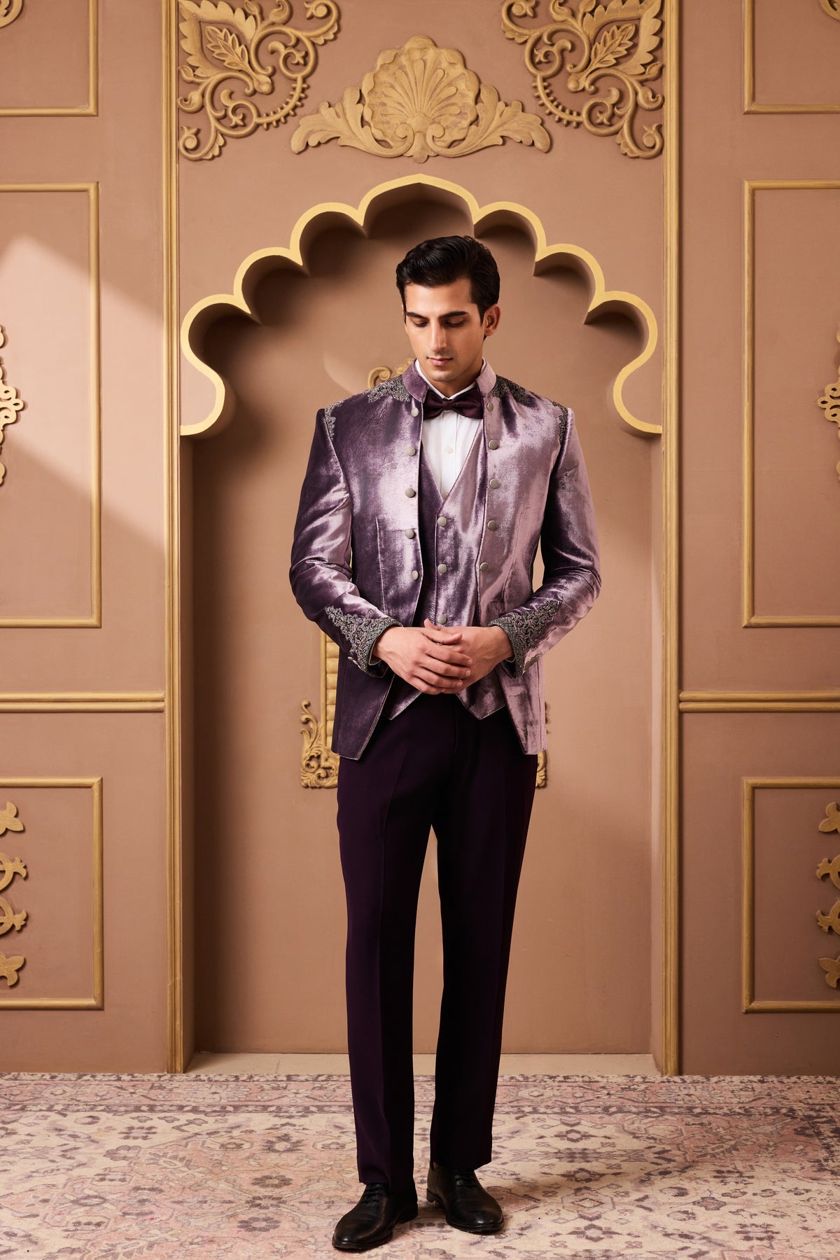 LILAC COAT WITH ANTIQUE SILVER ZARDOZI EMBROIDERY WITH VEST AND DEEP AUBERGINE PANT