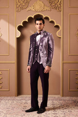 LILAC COAT WITH ANTIQUE SILVER ZARDOZI EMBROIDERY WITH VEST AND DEEP AUBERGINE PANT
