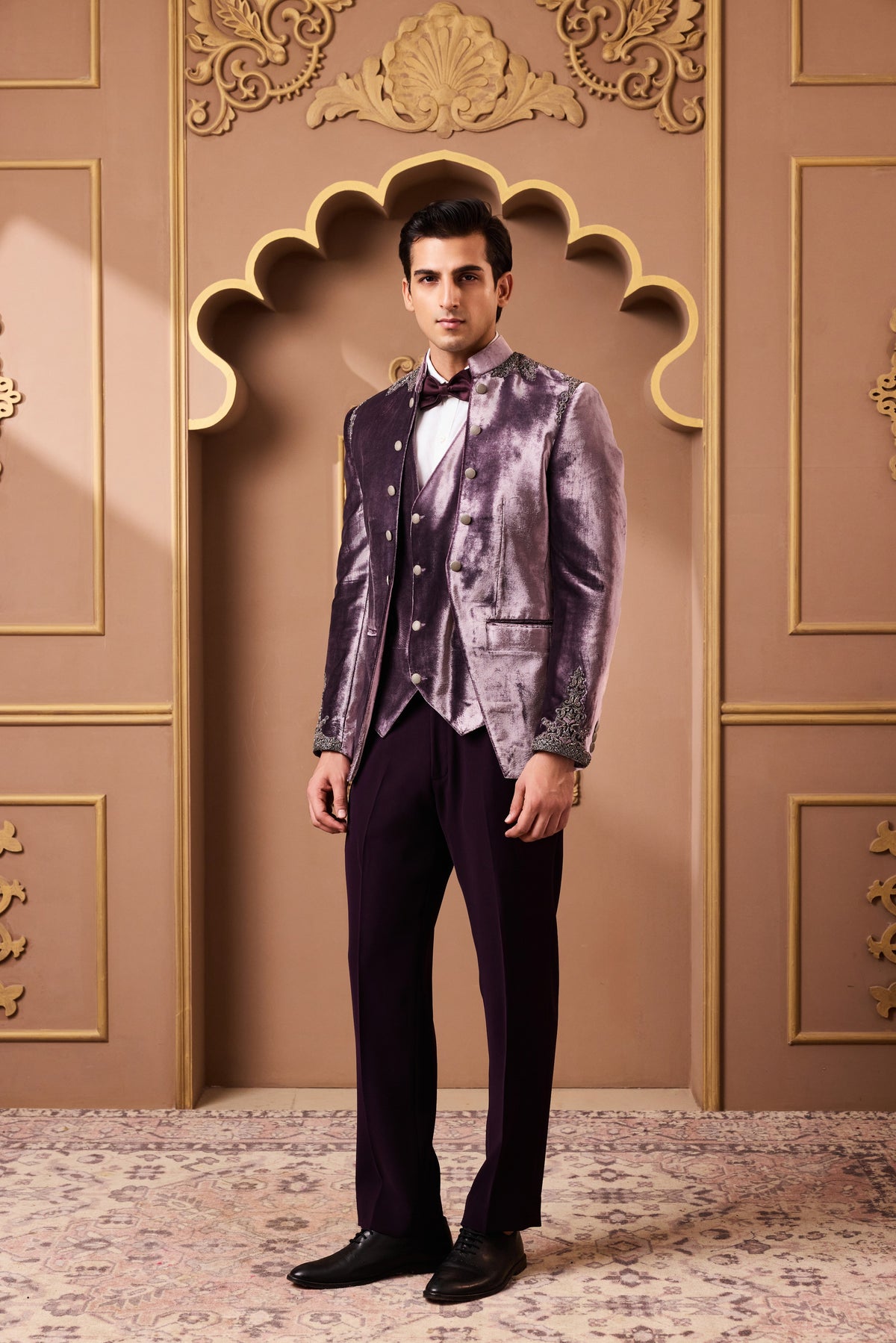LILAC COAT WITH ANTIQUE SILVER ZARDOZI EMBROIDERY WITH VEST AND DEEP AUBERGINE PANT