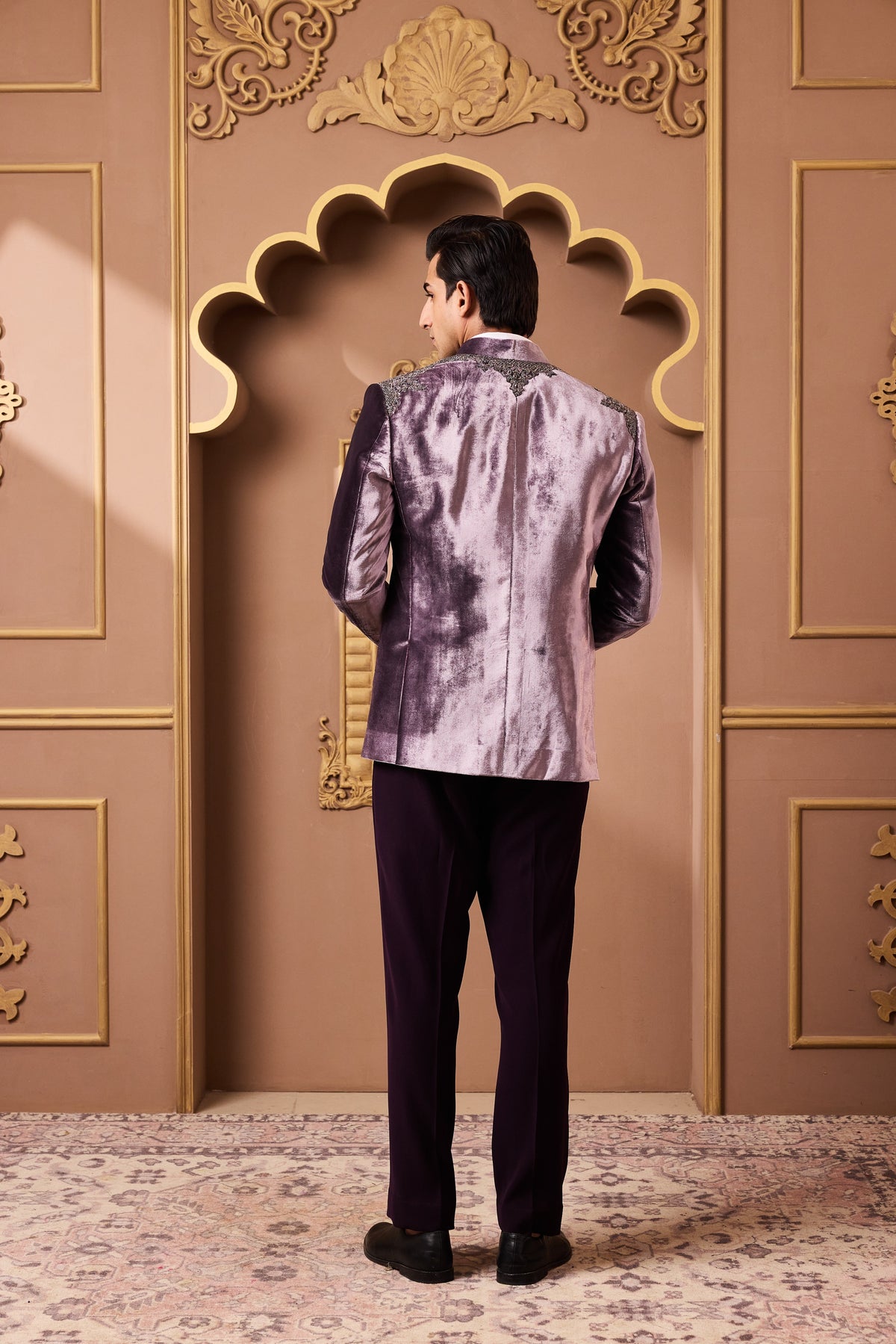 LILAC COAT WITH ANTIQUE SILVER ZARDOZI EMBROIDERY WITH VEST AND DEEP AUBERGINE PANT