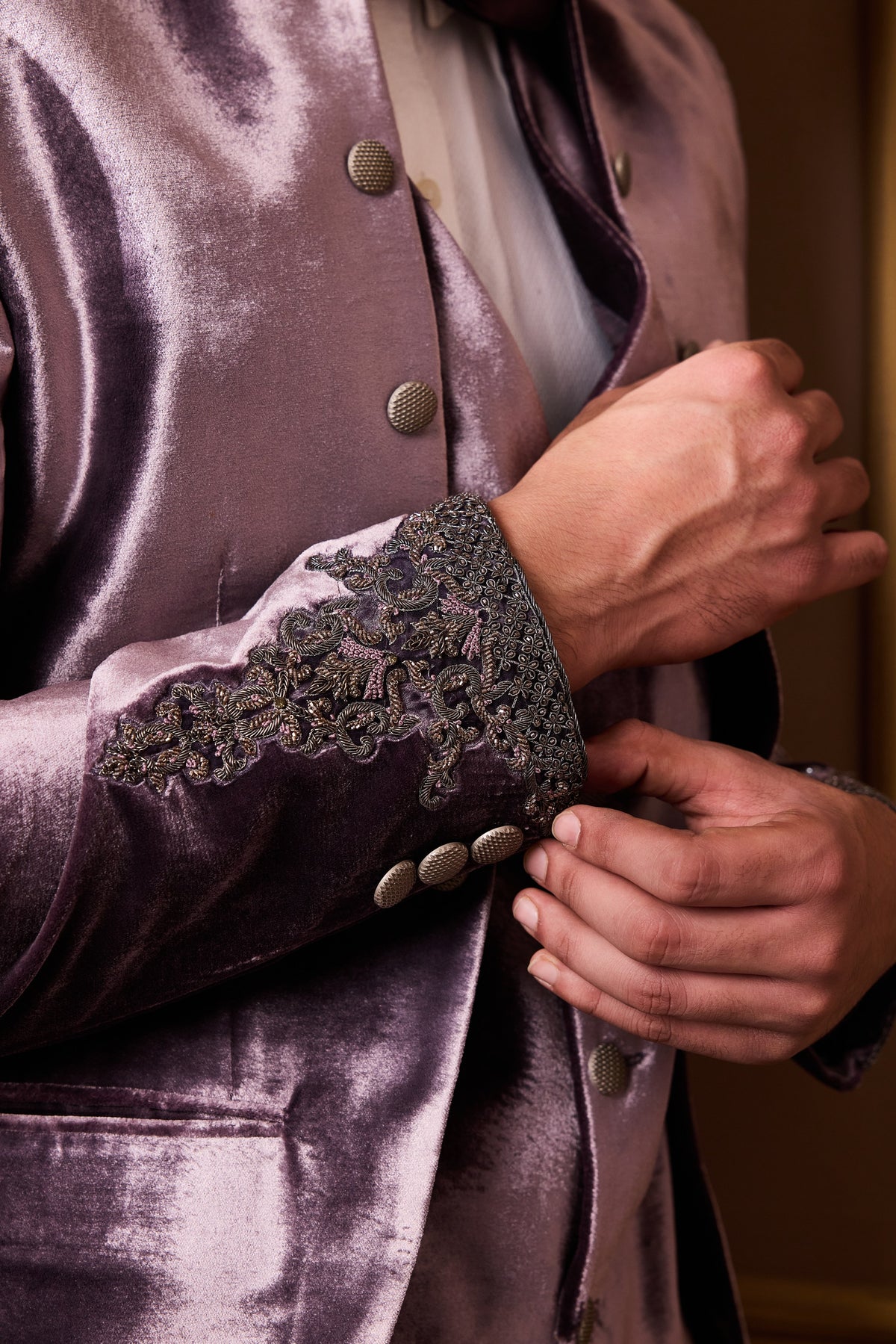 LILAC COAT WITH ANTIQUE SILVER ZARDOZI EMBROIDERY WITH VEST AND DEEP AUBERGINE PANT