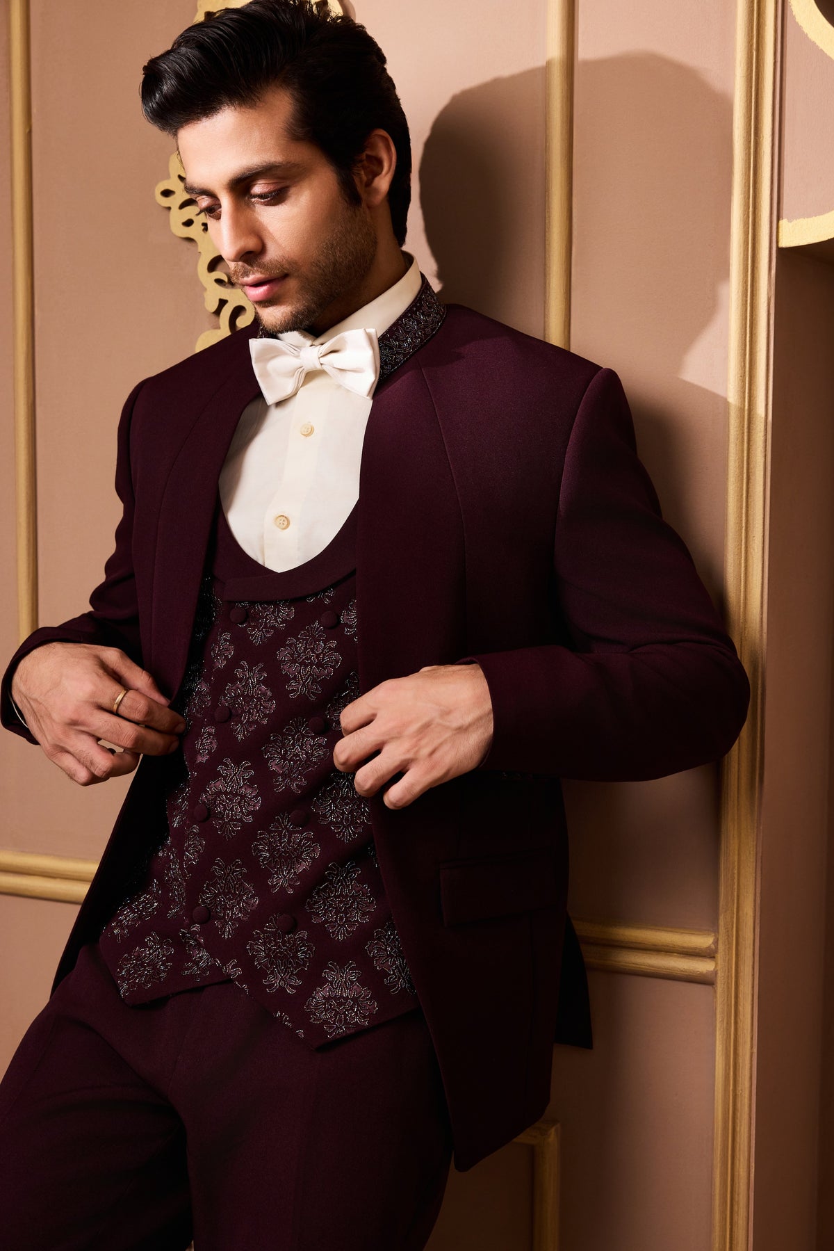 BURGUNDY TUXEDO WITH EMBROIDERED VEST AND PANT