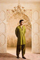 EMBROIDERED MEHENDI GREEN MIRRORWORK KURTA WITH SALWAR
