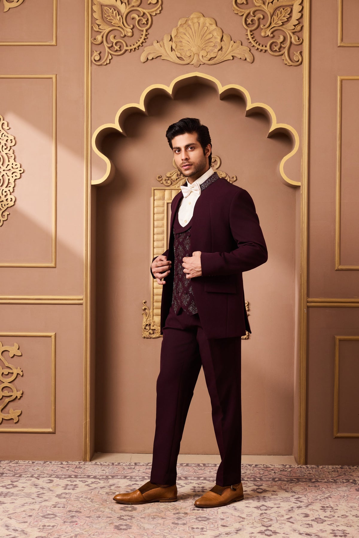 BURGUNDY TUXEDO WITH EMBROIDERED VEST AND PANT
