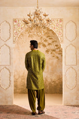 EMBROIDERED MEHENDI GREEN MIRRORWORK KURTA WITH SALWAR