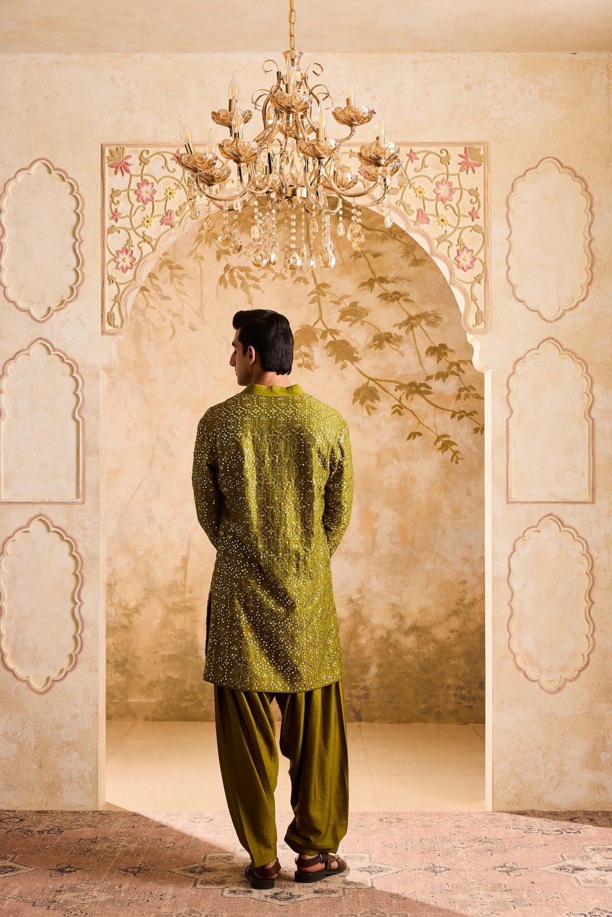 EMBROIDERED MEHENDI GREEN MIRRORWORK KURTA WITH SALWAR
