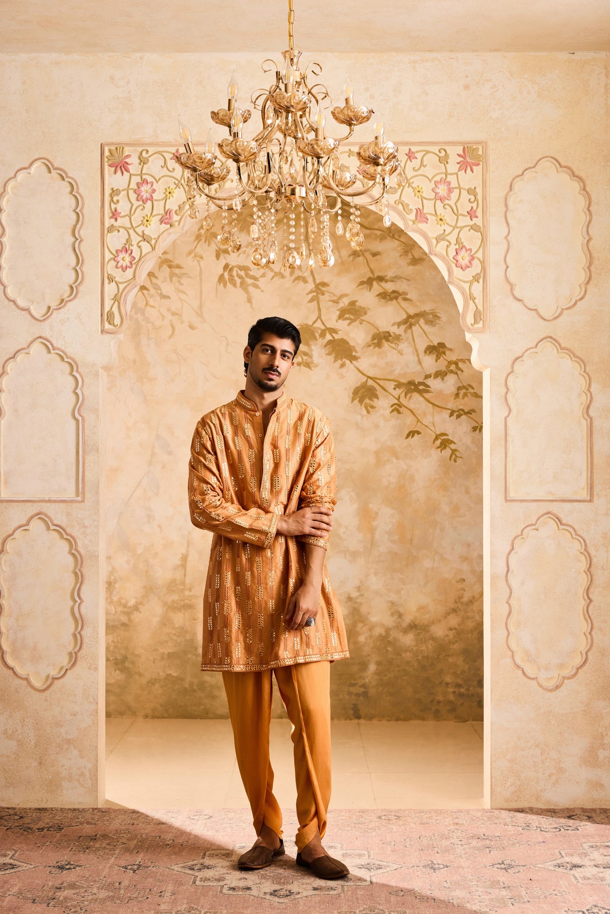 EMBROIDERED RUST MIRRORWORK KURTA WITH DHOTI SALWAR