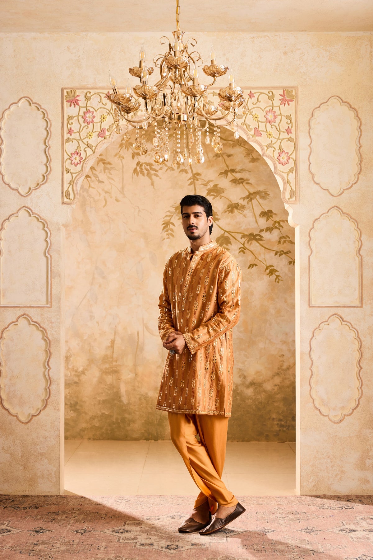 EMBROIDERED RUST MIRRORWORK KURTA WITH DHOTI SALWAR