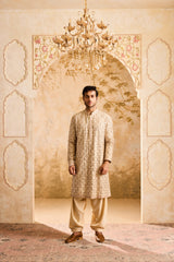 EMBROIDERED BEIGE MIRRORWORK KURTA WITH SALWAR