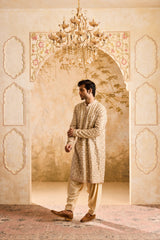 EMBROIDERED BEIGE MIRRORWORK KURTA WITH SALWAR