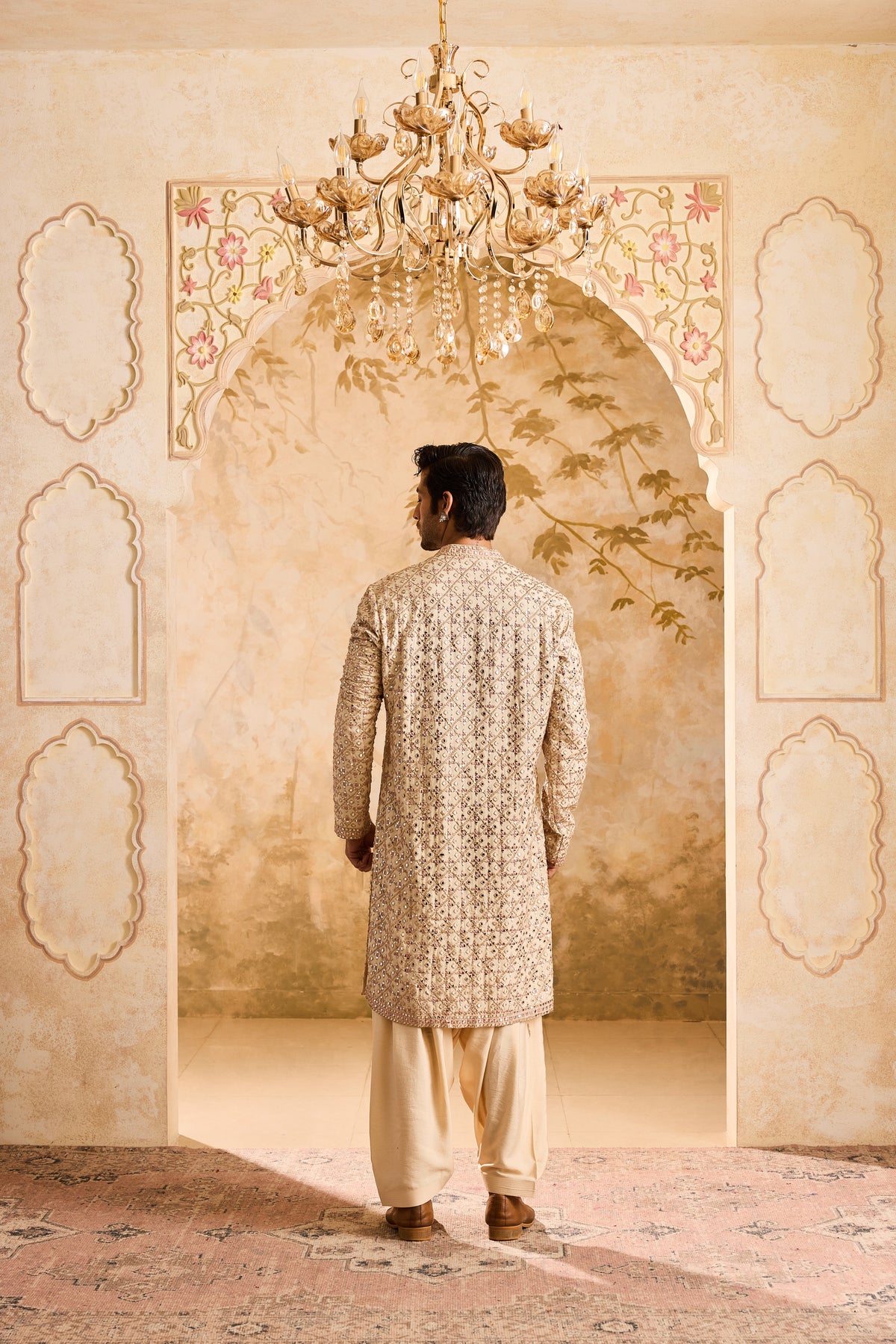 EMBROIDERED BEIGE MIRRORWORK KURTA WITH SALWAR
