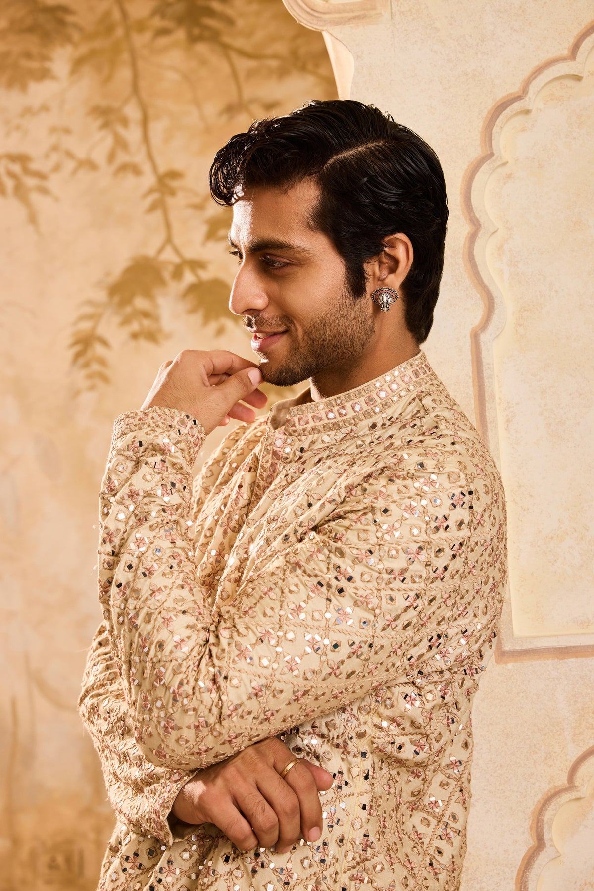 EMBROIDERED BEIGE MIRRORWORK KURTA WITH SALWAR
